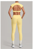 Yoga Set Women's Tracksuit Short Sleeve Back Hollow Out Sports Top Athletic Wear Tight High Waist Pocket Leggings Fitness Suits