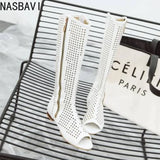 NASBAVI Fashion Women Flats Knee High Summer Boots Peep Toe Square Heels Fretwork Party Shoes Retro Rome Sexy Ladies Footwear