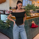 FDYOUI Woman Clothing Slash Neck T-shirts 2026 Summer Sleeveless Lace Patchwork White T Shirt Y2K Girls Irregular Corset Tee Top