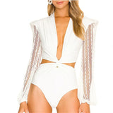 2026 New Sexy One Piece Swimsuit Swimwear Women Solid Hollow Lace Mesh Long Sleeve Deep V-neck One-piece Bathing Suit Beachwear