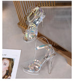 PVC Transparent Crystal Sandals Women Gold Silver Wedding Holographic Summer Jelly Shoes Ladies Thin High Heels Sandalias Mujer