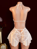 Sexy Crotchless White Underwear Women Lace Hollow Bra Set Erotic Costume Teddy Baby Doll Dress Deep V Open Bra Porn Lingerie Set