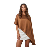 Women Spring Summer Satin Asymmetrical Hem Poncho Solid Color Round Neck Loose Shawl Wraps Cape Tops