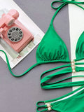 2026 Sexy Bikini Women Swimwear Swimsuit Green Hollow Triangle Halter Pearl Buckle Bikinis Set Bathing Suit Beach Bikini Female
