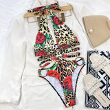 Sexy One Piece Swimsuit Swimwear Women Leopard Hollow Deep V-neck Halter Bathing Suit Beachwear Big Metal Ring Bikini 2026 Mujer