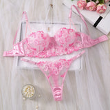 Pink Cherry Blossom Embroidered Lace Underwear Set - Sexy See-through Mesh Semi-cup Shaping Bra Thong Panties ZA825121