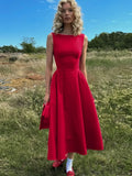 Chic Elegant O-neck Sleeveless Backless A-line Long Dresses Red Black 2026 Summer High Waist Tunics Zip-up Party Evening Dress