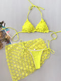 Women Yellow flower Bikinis Sets Three Pieces with Perspective Mesh Cover Skirt Halter String Swimsuit Bathing Suit Biquini