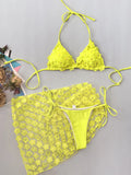 Women Yellow flower Bikinis Sets Three Pieces with Perspective Mesh Cover Skirt Halter String Swimsuit Bathing Suit Biquini