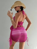 DEKA Sexy Neck Bikini Set Mesh Cover Ups  Women Pink Swimsuit Female Swimwear Shirt Dress Bathing Suit Beachwear Summer