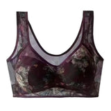 Women Bra Mesh Thin Floral Print Mid-aged Wide Shoulder Strap Wireless Anti-snagging Push Up Seamless Mother Bra