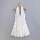 Foridol White Beach Summer Dress Women Backless Cotton Lace Short Autumn Sundress Women Clothing Halter A-line Pleated Dress