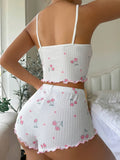 Women's Black Cherry Print Camisole Shorts Pajama Set, Ribbed Scalloped Hem, Cute Double Bow Loungewear for Summer