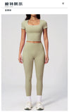 2PC Color Contrast Yoga Suit Women Short Sleeve Square Collar Slim Sports Top Fitness Suits Outdoor Exercise Leggings Tracksuit