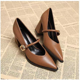 Single Shoes Fashion Pointed Toe Not Tired Feet One Word Belt Soft Sole Non-slip Block Heel Leather Shoes