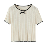 Fashion Casual Knitted Shirt With Black Trim Bow Knit T Shirt Short Sleeve Hollow Out Crew Neck Top For Women Daily Outfit EMZE