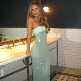 FDYOUI Luxury Bandage Sequins Evening Party Dresses for Women Sexy Strapless Off Shoulder Backless Split Slim Long Wedding Dress