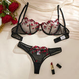 BlackRed Embroidered Floral Lingerie Set - Sexy Bra And G-string Combo with Heart Decoration Underwear Set for Women ZA824028