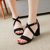 Big Size Casual Women Sandals Black Flock 7cm High Square Heels Peep Toe Summer Cross Buckle Strap Party Office Red Lady Sandals