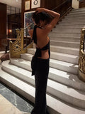 Ahagaga Fashion Halter Women's Maxi Dresses Solid Deep V-Neck Sleeveless Blackless Bandage Sheath Bodycon Party Vestidos Robes