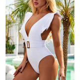 New Sexy Ruffled White Deep V One Piece Swimsuit Women Swimwear Female With Belt Monokini Bather Bathing Suit Swim Lady V2198
