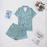 Large Size Women Pajamas Set Short-Sleeved Student Homewear Two-Piece Cardigan Lapel Senior Sense of Striped Short-Sleeved Short