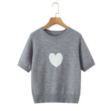 Fashion Casual Heart-patterned Short-sleeve Knit Shirt Women Heart Pattern Short Sleeve Knit Sweater Casual Crew Neck Top 7S5S