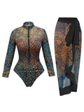 Vintage Leaves Print SPF Sunscreen Pants Swimwear Sets Women Long Sleeve Zipper Bathing Suit Sun Protect One Piece Swimsuit 2026