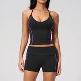 2PCS Women Yoga Sets Color Contrast Hanging Neck V Neck Slimming Sports Tank Top Flip High Waist Shorts Gym Running Fitness Suit