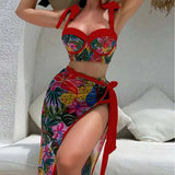 Vintage Black Floral Print Bikini 2026 Women Push Up Underwire Bra High Waist Swimsuit Beach Bathing Suit Skirt 3 Piece Swimwear