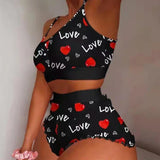 Summer 2-Piece Pajama Set Women Sleepwear Sexy Lingerie Love Printed Lace Sling Crop Tops and Shorts Loungewear Pijamas