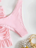 Women solid tie bow push up bikini sets three pieces with wrinkled ruffles mini skirt swimsuit bathing suit beach outfits