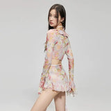 Bikinis Set Swimsuit Women Sweet Floral Prints Summer Girlish Sexy Ruffles Korean Style High Waist Swimwear Fashion Beach Wear