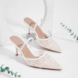 Brand Lace Designer White Women Wedding Pumps Mesh Embroidered Flowers Back Strap Sexy Slingback High Heels Dress Shoes Ladies