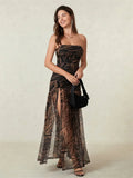 Women’s Tube Top Dress Bohemian Printed Strapless Mesh High Slit Long Dress Summer Evening Party Beach Sexy Club Dresses Summer