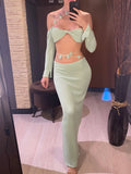 Sexy Knitted Sling Long Skirts Woman's Set Casual Slim Solid Lace Up Tube Tops Slit Skirt Sets Female Summer Beach Dress V6187