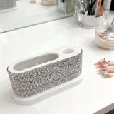 Nail Drill Machine Holder with White Rhinestones, 8 Holes Nail Drill Bit Holder, Nail Efile Stand and Organizer Storage Box Case