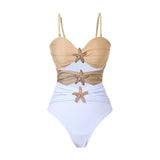 Vintage White Khaki Patchwork Swimwear Women 2026 Starfish Ornament Hollow Pleate One Piece Swimsuit Beach Bathing Suit Monokini