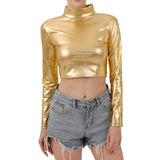Women Metallic Long Sleeve Crop Tops Shiny Stretch Mock Neck T Shirt Dance Clubwear Ladies Slim Fit Blouses Gold Silver Costumes