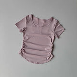 Women's Summer Yoga Sports Top Short Sleeve Pleated Waist Cinching Mesh Spliced Breathable Fitness T-Shirt