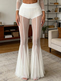 Fashion Women's Flared Pants Elastic High Waist Sheer Mesh Bell Bottoms Trousers Sexy Club Party Summer Streetwear