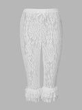 Women Summer Lace Ruffle Capri Leggings Solid Color Sheer Mesh Elastic High Waist See Through Pants