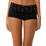 Women Solid Color Fold Over Waist Shorts Summer Stylish Rivet Studded Low Rise Slim Fit Mini Shorts for Beach Daily Wear