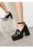 Plus Size Smooth Patent Leather Instep Metal Belt Square Buckle Platform High Thick Heel Ankle Buckle Sweet Lolita High Heels