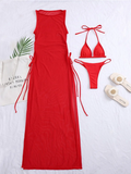3 Pieces Thong Bikini 2026 Women With Dress String Swimwear Female Solid Swimsuit Beach Wear Bathing Swimming Suit Summer