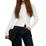 Women Long Sleeve Round Neck Spring Fall Lace Tops Slim Fit Solid Color Oblique Button Up T-shirts