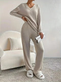 Autumn and Winter Casual V-neck Pocket Striped Knited Tops and Long Trousers Two-piece Sets, Women's Pajamas Set Sleepwear