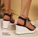 Elegant Rhinestones Flowers Sandals Women Fashion Crystal Chunky Platform Sandles Woman Slip On Wedge High Heels Sandalias Mujer