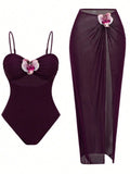 S - XL New 3D Flowers With Skirt One Piece Swimsuit Women Swimwear Female High Cut Leg Monokini Bather Bathing Suit Swim V8018