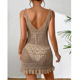 DEKA Style Knitting Multicolor Slip Dress Fashion Hollow Out Short Dress Women's Beach Holiday Bikini Cover Up Fishnet Crochet S